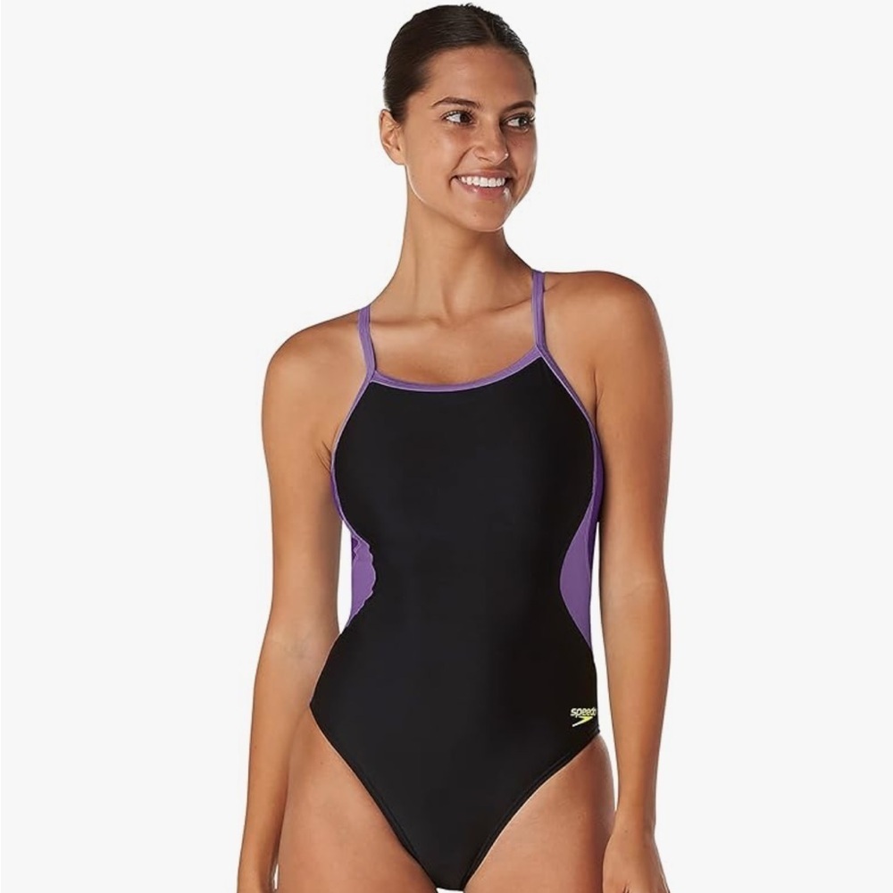NWT Speedo Eco Splice Flyback Black and Purple Swimwear 12/38